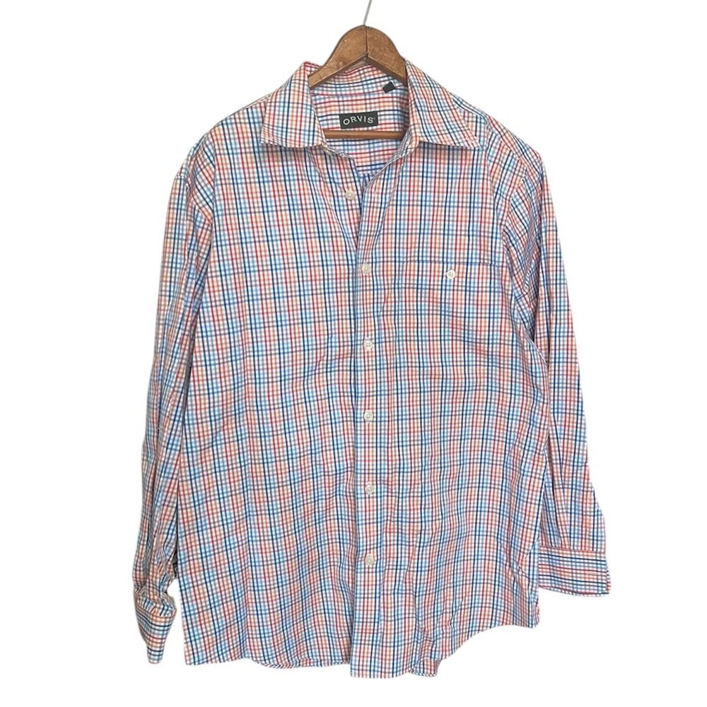 Orvis gingham plaid orange and blue mens button shirt size large cotton